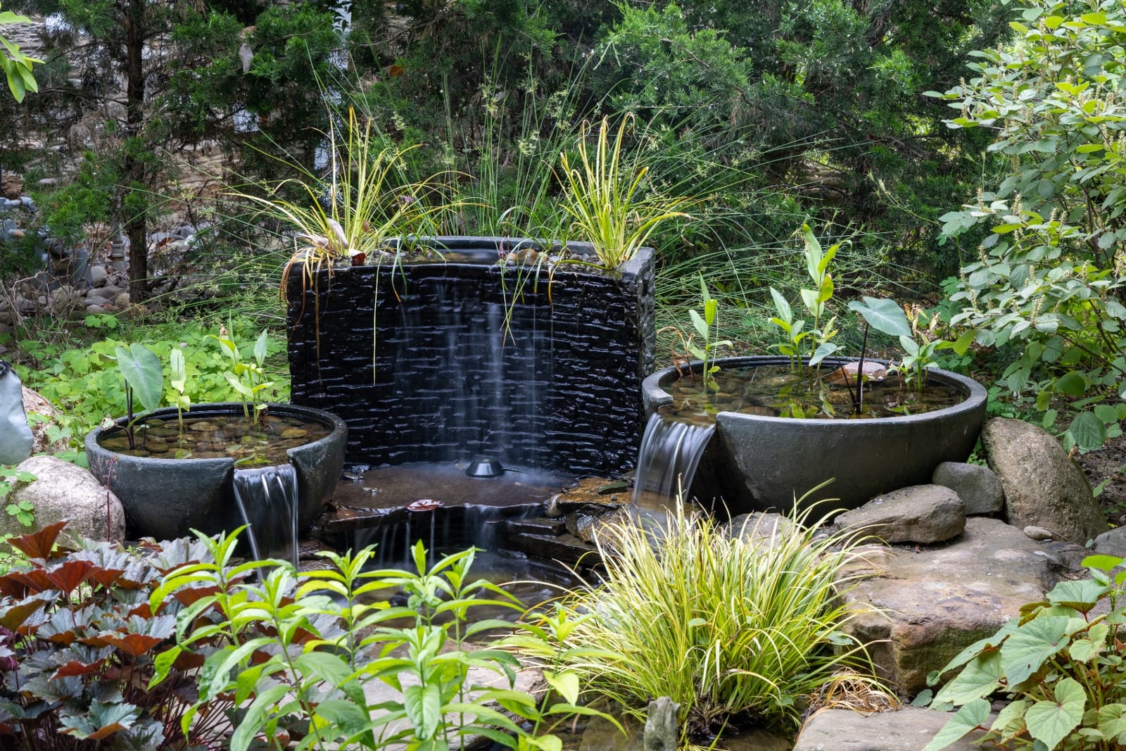 Contemporary wall fountain with planted containers