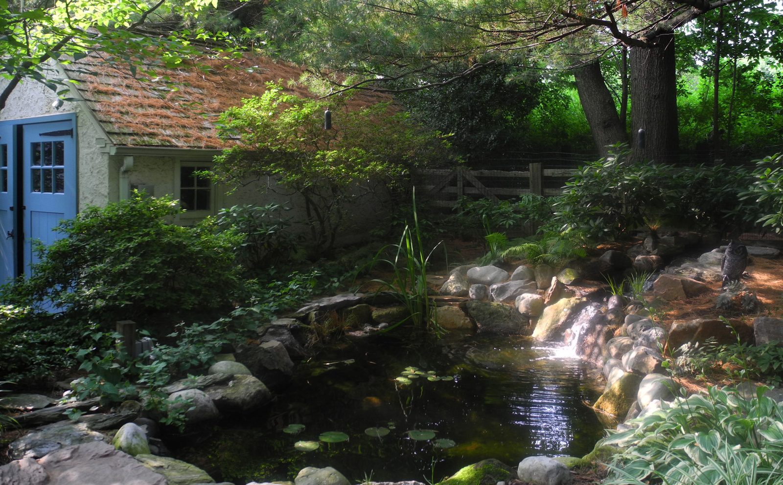 Shade garden pond and stream beside a cottage with a blue door by AquaReale Philadelphia