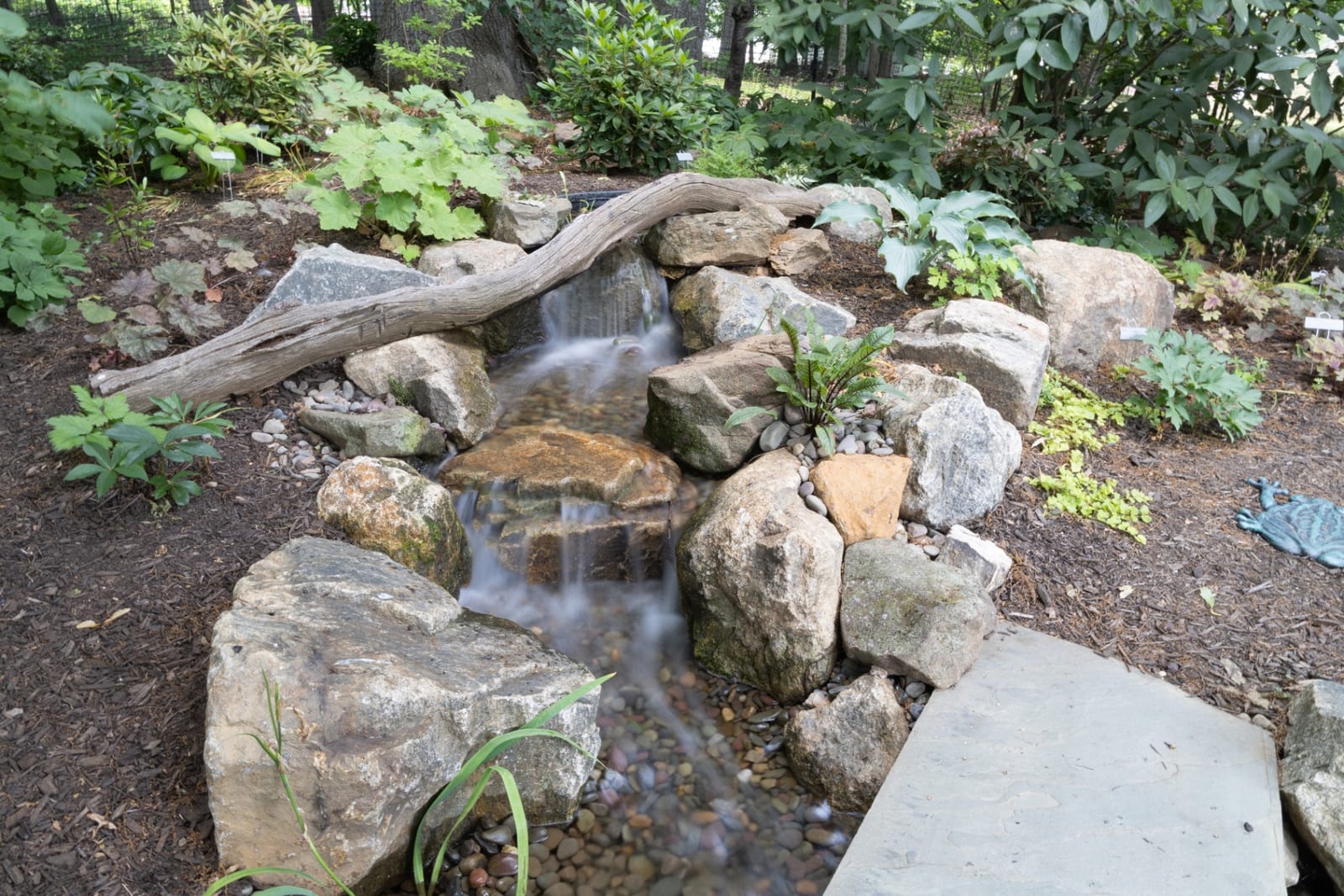 Woodland disappearing waterfall with driftwood accent and hostas by AquaReale Philadelphia