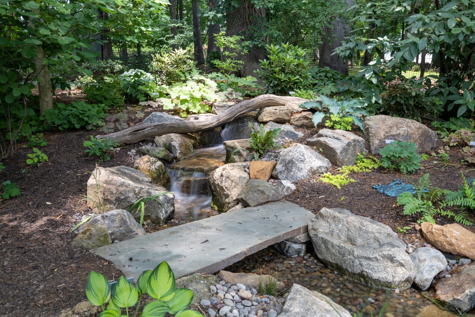 Woodland disappearing waterfall with stone bridge