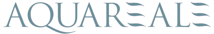 AQUAREALE brand logo in stylized blue font